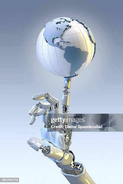 robot hand balances a globe showing america - robot arm stock illustrations