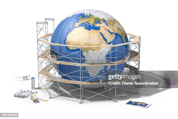 illustrazioni stock, clip art, cartoni animati e icone di tendenza di depainted globe circled by a scaffolding - ponteggi