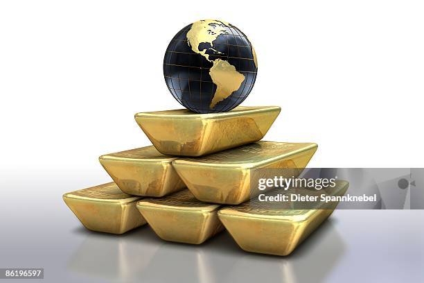 globe on a pyramid of gold bars - gold pyramid stock illustrations