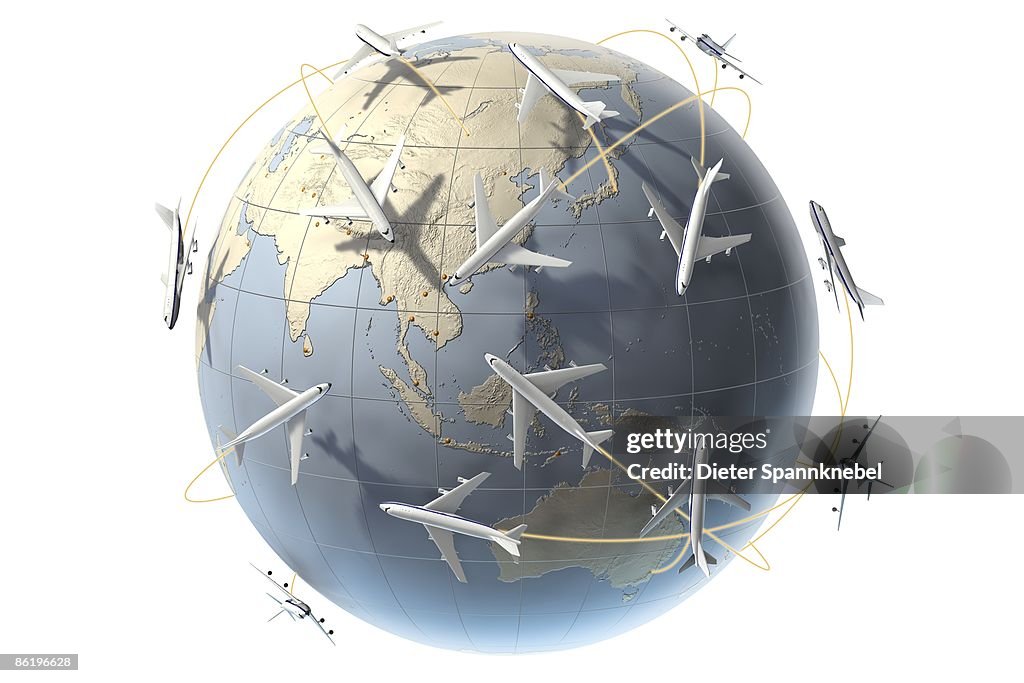 Aircraft orbit a globe showing Asia and Australia