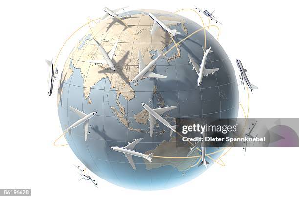 aircraft orbit a globe showing asia and australia - commercial airplane stock illustrations