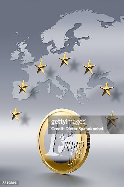one euro coin with european map and stars - european union symbol stock illustrations