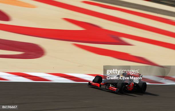 Lewis Hamilton of Great Britain and McLaren Mercedes drives during practice for the Bahrain Formula One Grand Prix at the Bahrain International...