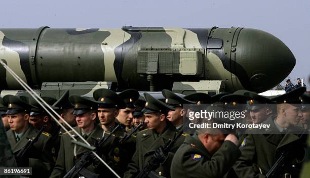 Russian Topol-M intercontinental ballistic missile is displayed during a Victory Day parade rehearsal on April 24, 2009 in Alabino, outside Moscow,...