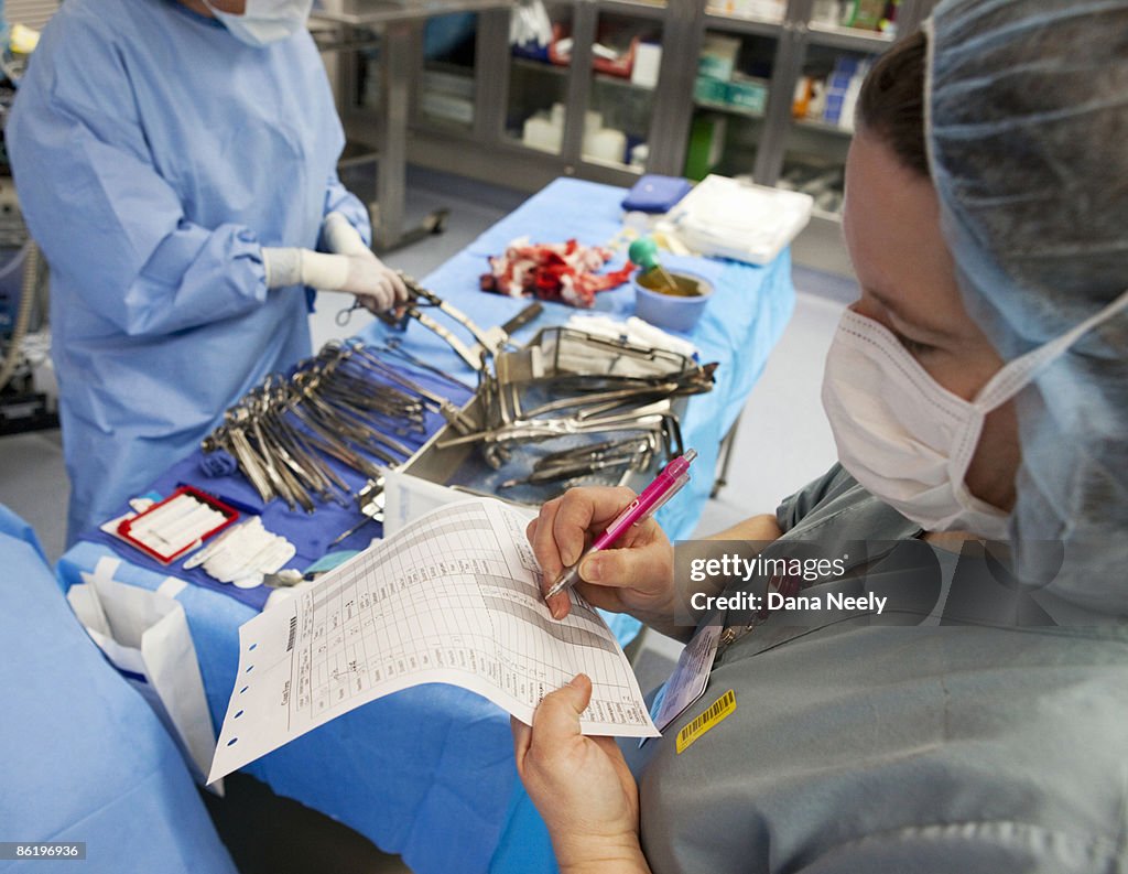 Nurses counting surgical instruments after surgery
