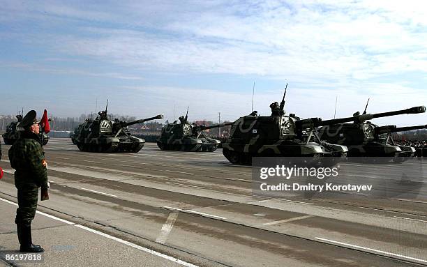 Armoured vehicles are paraded during a Victory Day parade rehearsal on April 24, 2009 in Alabino, outside Moscow, Russia. On May 9, 2009 Russia will...