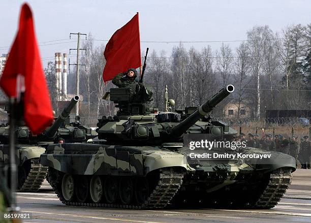 Armoured vehicles are paraded during a Victory Day parade rehearsal on April 24, 2009 in Alabino, outside Moscow, Russia. On May 9, 2009 Russia will...