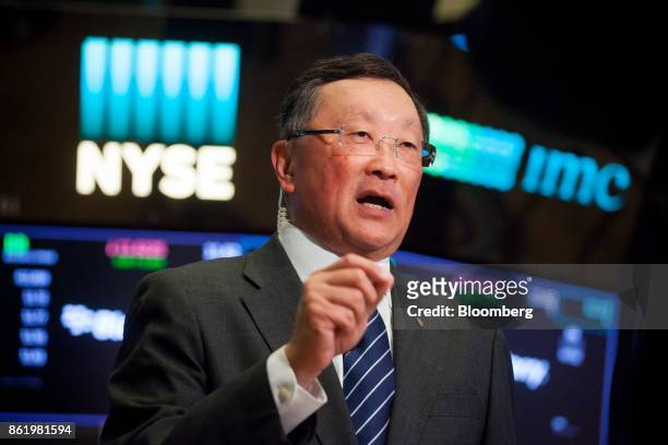 John Chen, executive chairman and chief executive officer of BlackBerry Ltd., speaks during an interview on the floor of the New York Stock Exchange...