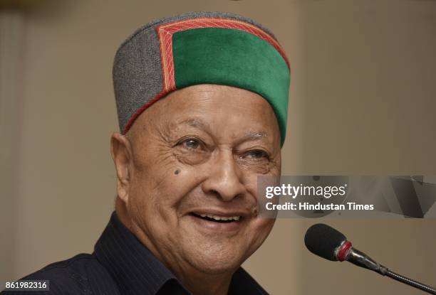 Himachal Pradesh CM Virbhadra Singh briefs media regarding upcoming Vidhan Sabha Election in Himachal at Himachal Sadan, on October 16, 2017 in New...