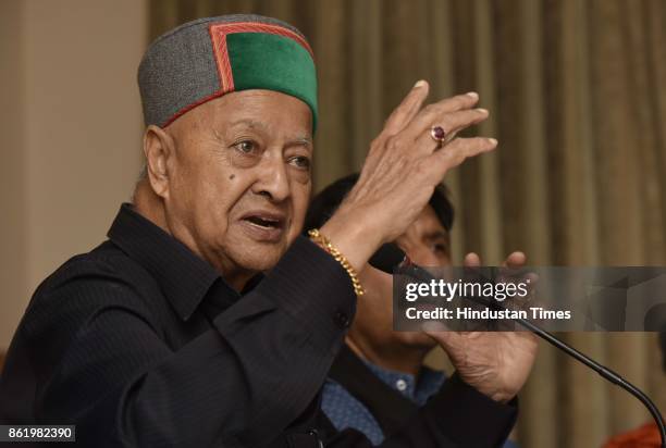 Himachal Pradesh CM Virbhadra Singh briefs media regarding upcoming Vidhan Sabha Election in Himachal at Himachal Sadan, on October 16, 2017 in New...