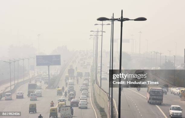 Delhi witnesses a smog-forming weather, on October 16, 2017 in New Delhi, India. There has been a sudden increase in cases due to the changing...