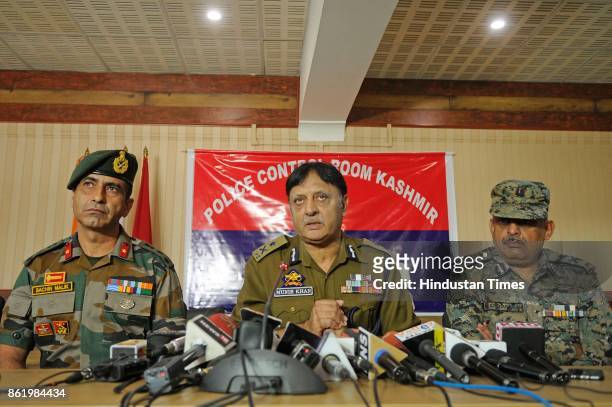 Inspector General of Police Muneer Khan addresses during a joint press conference with Army and CRPF, on October 16, 2017 in Srinagar, India. Jammu...