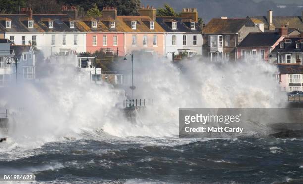 Waves whipped up by Hurricane Ophelia crash over the seafront in Penzance on October 16, 2017 in Cornwall, England. Hurricane Ophelia comes exactly...