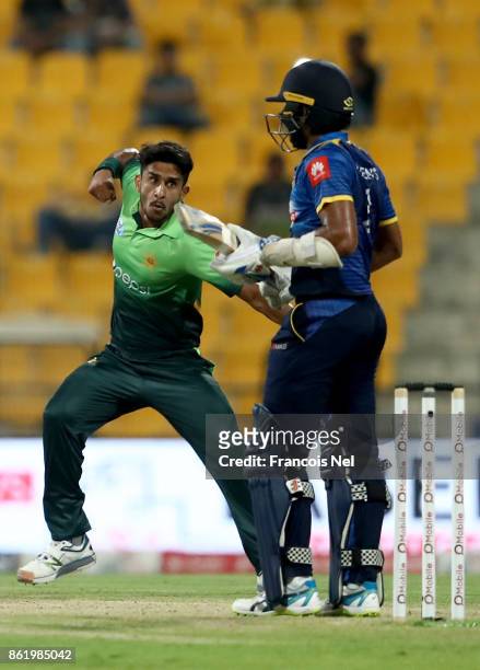 Hassan Ali of Pakistan celebrates after dismissing Kusal Mendis of Sri Lanka during the second One Day International match between Pakistan and Sri...