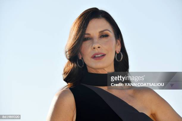 British actress Catherine Zeta-Jones for a photograph during the MIPCOM trade show in Cannes, southern France, on October 16, 2017.