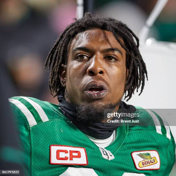Duron Carter of the Saskatchewan Roughriders on the sideline during the game between the Ottawa Redblacks and Saskatchewan Roughriders at Mosaic...