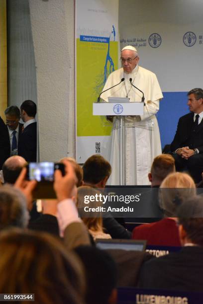 The Pope of the Catholic Church, Pope Francis gives a speech during an event named " Change the future of Immigration" on the occasion of the World...