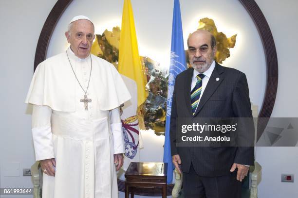 General director José Graziano da Silva welcomes Pope of the Catholic Church, Pope Francis prior to an event named " Change the future of...