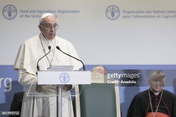 The Pope of the Catholic Church, Pope Francis gives a speech during an event named " Change the future of Immigration" on the occasion of the World...