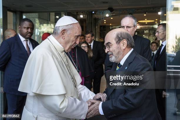 General director José Graziano da Silva welcomes Pope of the Catholic Church, Pope Francis prior to an event named " Change the future of...