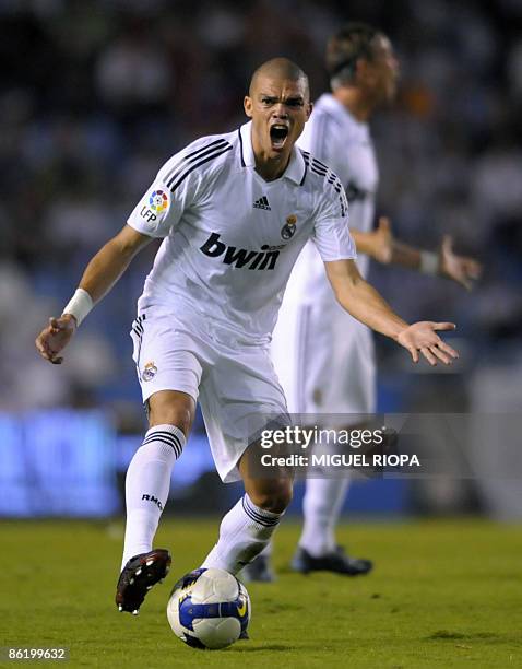 This file picture dated August 31, 2008 shows Real Madrid's Portuguese Kleper Laveran "Pepe" reacting during a match against Deportivo Coruna during...