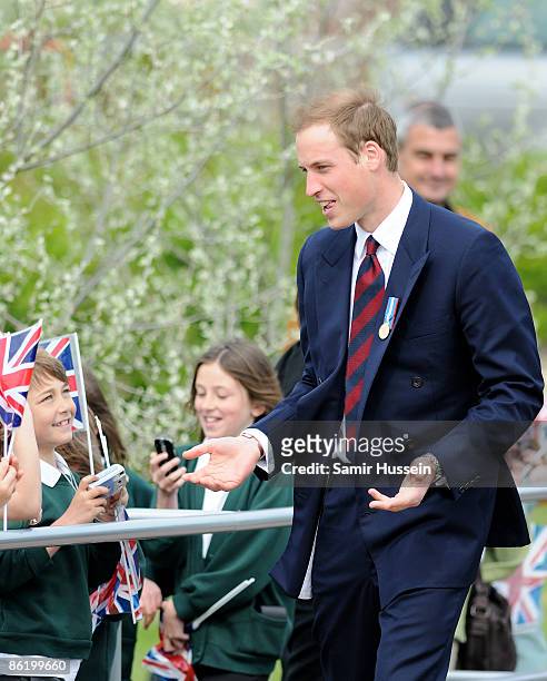 Prince William meets school children as he arrives at the National Memorial Arboretum to launch the NMA Future Foundations Appeal on April 24, 2009...