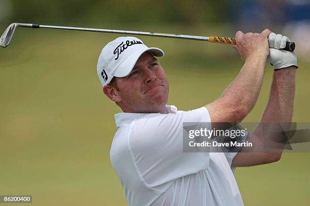 Troy Matteson watches his tee shot on the 9th hole during the second round of the Zurich Classic at TPC Louisiana on April 24, 2009 in Avondale,...