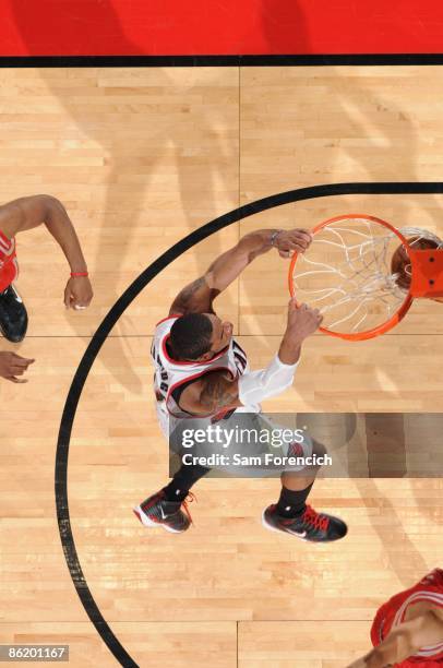LaMarcus Aldridge of the Portland Trail Blazers dunks during the game against the Houston Rockets in Game Two of the Western Conference Quarterfinals...