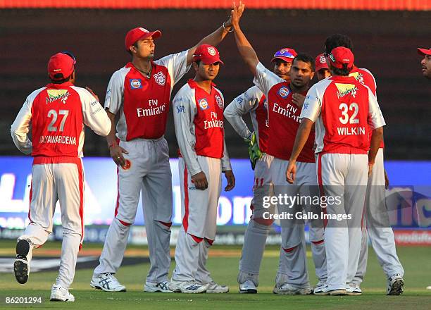 Kings XI Punjab celebrate the wicket of Jesse Ryder during IPL T20 match between Royal Challengers Bangalore and Kings XI Punjab at SaharaStadium on...