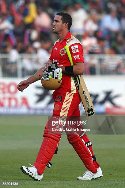 Kevin Pietersen walks off after losing his wicket during IPL T20 match between Royal Challengers Bangalore and Kings XI Punjab at SaharaStadium on...