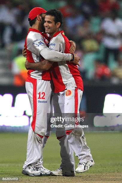 Irfan Pathan celebrates with Yuvraj Singh during IPL T20 match between Royal Challengers Bangalore and Kings XI Punjab at SaharaStadium on April 24,...