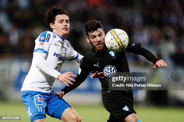 Christopher Telo of IFK Norrkoping and Erdal Rakip of Malmo FF competes for the ball during the Allsvenskan match between IFK Norrkoping and Malmo FF...