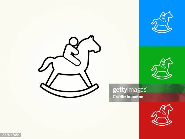 child on a toy horse black stroke linear icon - kids play house stock illustrations