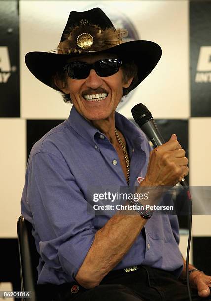 Team owner Richard Petty speaks during a news conference during practice for the NASCAR Sprint Cup Series Aaron's 499 at Talladega Superspeedway on...