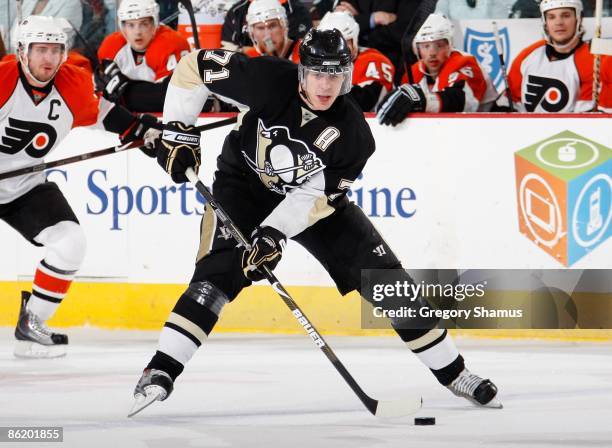 Evgeni Malkin of the Pittsburgh Penguins controls the puck against the Philadelphia Flyers during Game Five of the Eastern Conference Quarterfinals...