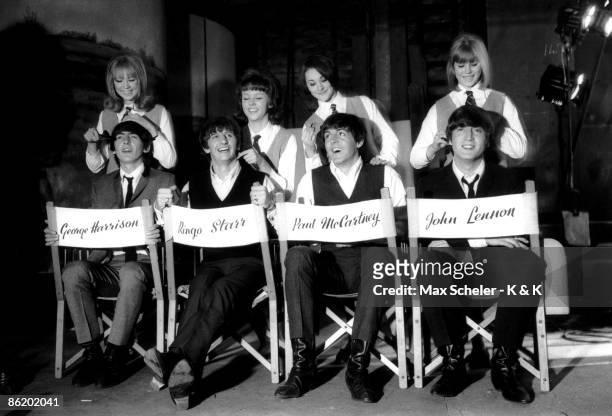 Photo of Patti BOYD and BEATLES; George Harrison , Ringo Starr, Paul McCartney, John Lennon - posed, group shot - on the set of A Hard Day's Night -