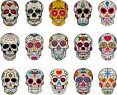 Set of sugar skulls illustrations. Dead day. Dia de los muertos.