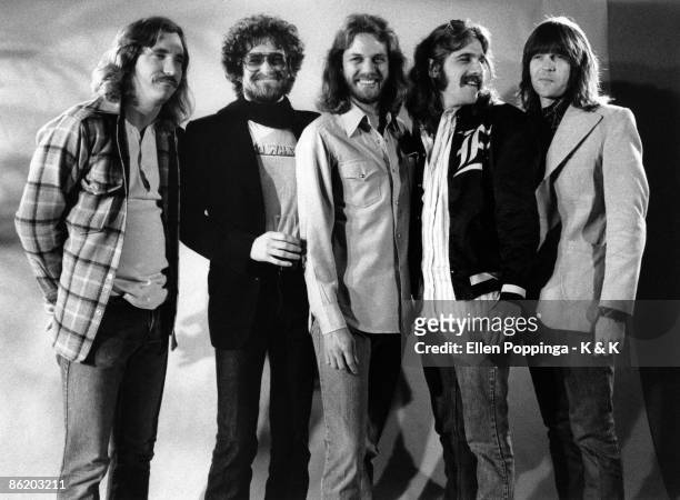 Photo of EAGLES; L-R: Joe Walsh, Don Henley, Don Felder, Glenn Frey, Randy Meisner - posed, studio, group shot - Photo: Ellen Poppinga
