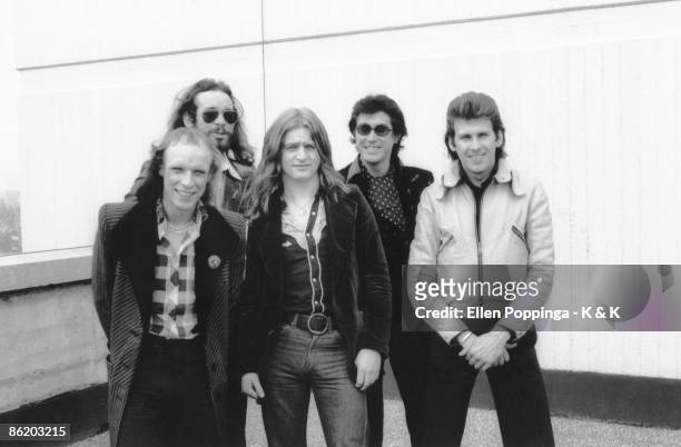 Photo of Andy MACKAY and ROXY MUSIC and Brian ENO and Bryan FERRY and Phil MANZANERA and Paul THOMPSON; L-R: Brian Eno, Phil Manzanera, Paul...