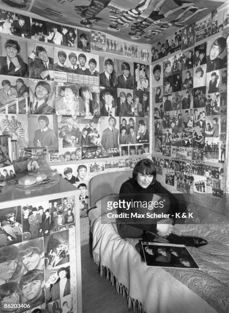 Photo of FANS and BEATLES FANS and TEENAGERS and BEATLES; Beatles fan in bedroom surrounded by posters and photos of band, teenagers