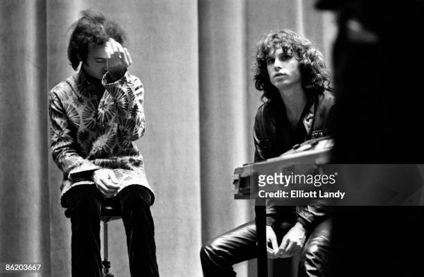 Photo of Robby KRIEGER and Jim MORRISON of The DOORS backstage after concert at Hunter College Playhouse on November 24, 1967 in New York City.