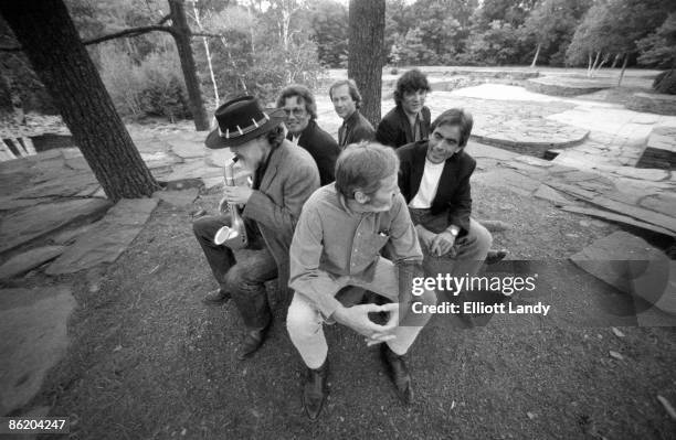 Photo of BAND, Clockwise from front: Levon Helm, Garth Hudson, Richard Bell, Jim Weider, Rick Danko, Randy Ciarlante - posed, group shot