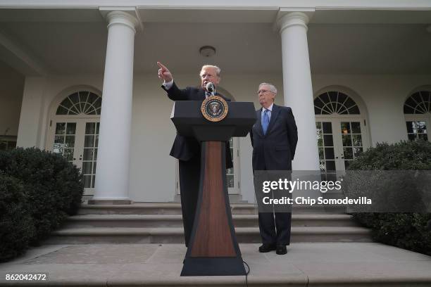 President Donald Trump and Senate Majority Leader Mitch McConnell talk to reporters in the Rose Garden following a lunch meeting at the White House...