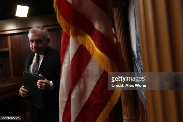 Sen. Jack Reed , ranking member of Senate Armed Services Committee, leaves after a news conference on the Korean Peninsula October 16, 2017 at the...