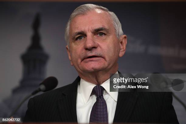 Sen. Jack Reed , ranking member of Senate Armed Services Committee, speaks during a news conference on the Korean Peninsula October 16, 2017 at the...