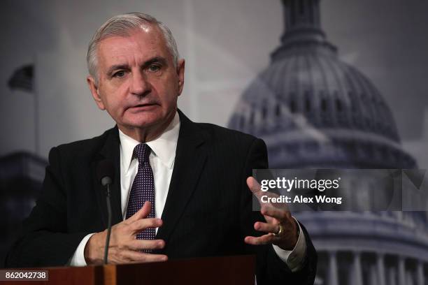 Sen. Jack Reed , ranking member of Senate Armed Services Committee, speaks during a news conference on the Korean Peninsula October 16, 2017 at the...