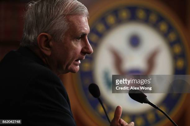 Sen. Jack Reed , ranking member of Senate Armed Services Committee, speaks during a news conference on the Korean Peninsula October 16, 2017 at the...