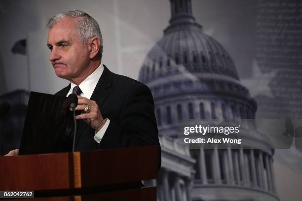 Sen. Jack Reed , ranking member of Senate Armed Services Committee, pauses during a news conference on the Korean Peninsula October 16, 2017 at the...