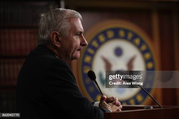 Sen. Jack Reed , ranking member of Senate Armed Services Committee, speaks during a news conference on the Korean Peninsula October 16, 2017 at the...