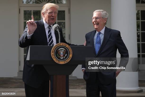 President Donald Trump and Senate Majority Leader Mitch McConnell talk to reporters in the Rose Garden following a lunch meeting at the White House...